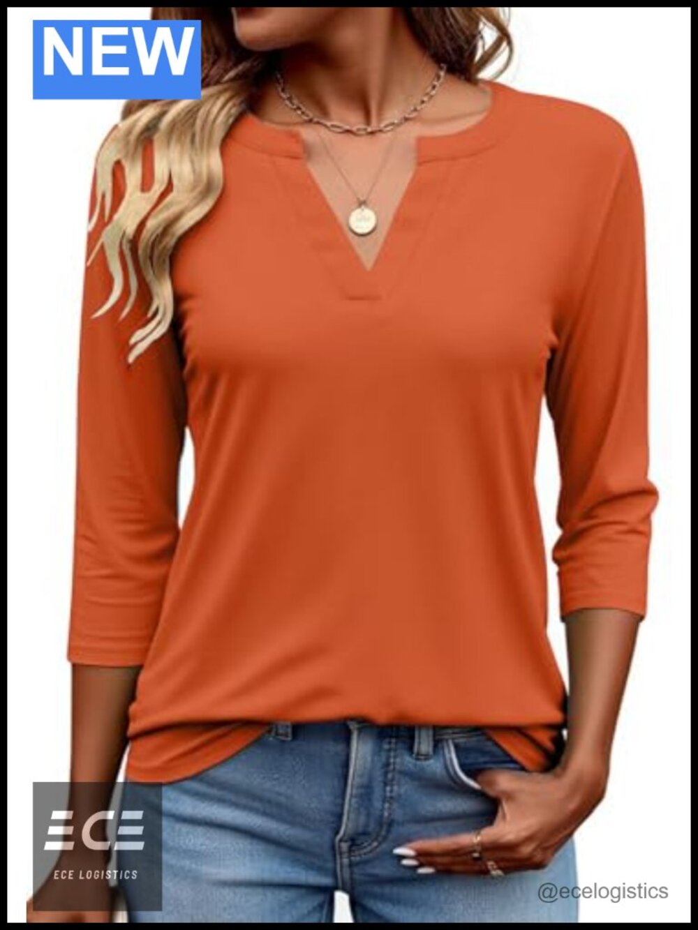 Women's 3/4 Sleeve V Neck Henley Blouse Loose Pleated Casual Work Top